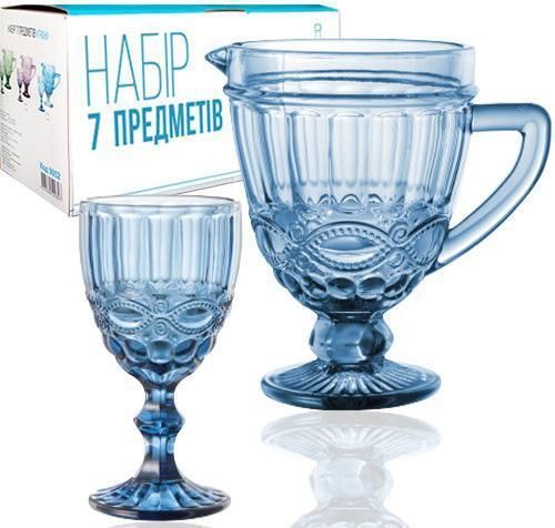 Набір для напоїв Elodia "Вінтаж" 6 келихів 340 мл і глечик 1.15 л, кобальтове скло ST-9051-BL фото