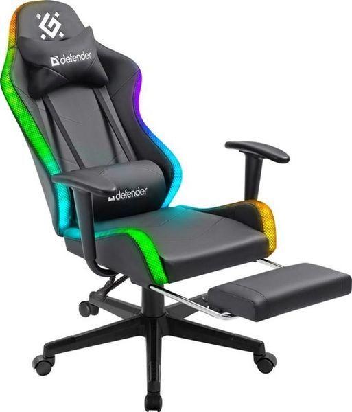 Геймерское кресло Defender Watcher полиуритановое с RGB подсветкой и подножкой (Черное) L703236 фото