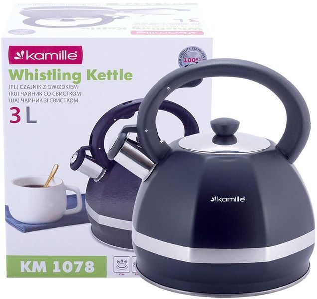 Чайник Kamille Marshmallow 3л з нержавіючої сталі зі свистком, чорний KM-1078 фото