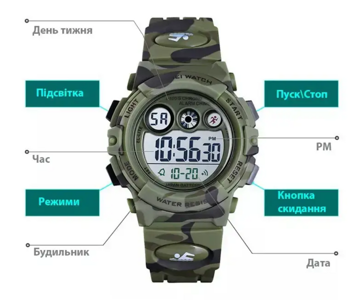 Детские спортивные часы Skmei 1547 Kids (секундомер, будильник) Зеленый камуфляж L12497899 фото