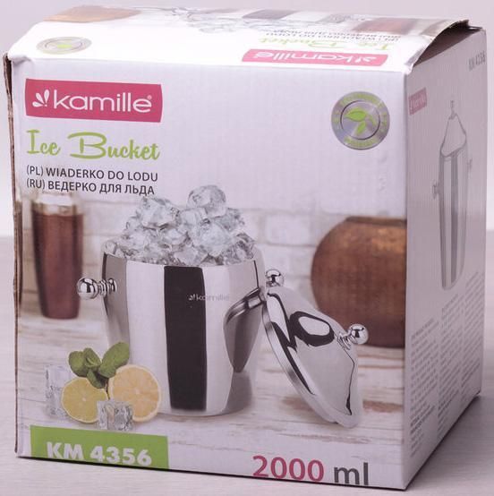Ведро для льда Kamille 2000мл из нержавеющей стали с двойными стенками и крышкой KM-4356 фото