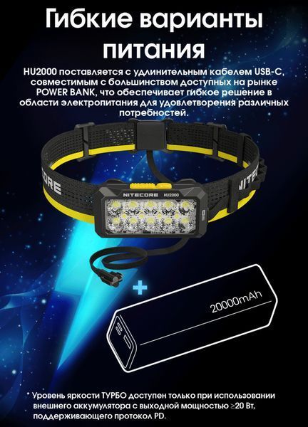 Налобний ліхтар Nitecore HU2000 Type-C 2000лм 160м білий + червоне світло (10 режимів) L712604 фото