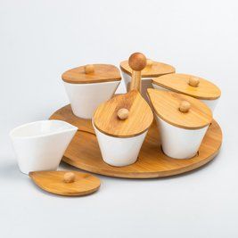 Набор баночек для приправ и сыпучих с бамбуковой крышкой 6 предметов на подставке LU-HP258 фото