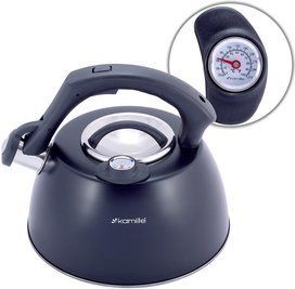 Чайник Kamille Whistling Kettle Thermo 3л из нержавеющей стали со свистком и термометром, черный KM-1077A фото
