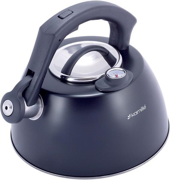 Чайник Kamille Whistling Kettle Thermo 3л из нержавеющей стали со свистком и термометром, черный KM-1077A фото