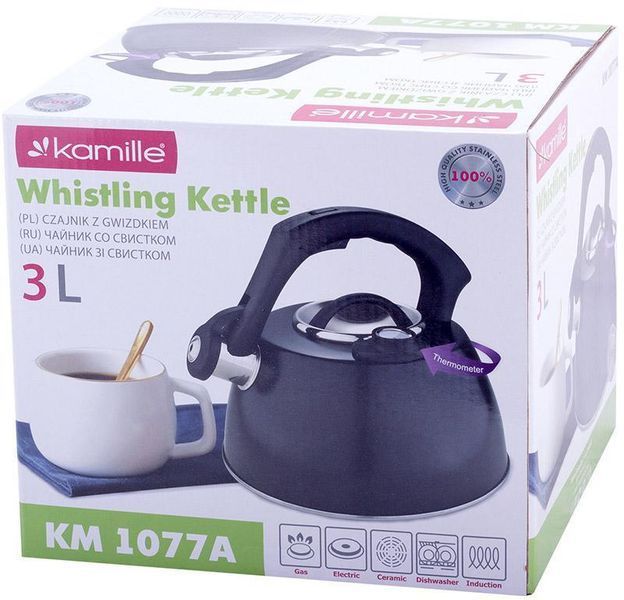 Чайник Kamille Whistling Kettle Thermo 3л из нержавеющей стали со свистком и термометром, черный KM-1077A фото
