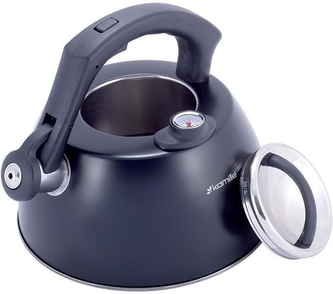 Чайник Kamille Whistling Kettle Thermo 3л из нержавеющей стали со свистком и термометром, черный KM-1077A фото