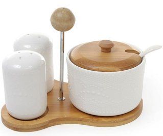 Набор для специй Ceram-Bamboo (сахар, соль, перец) на бамбуковой подставке BD-289-245 фото