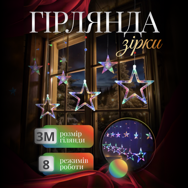 Гирлянда-штора 3х0,7м на 108 LED лампочек с 12 фигурами Звезды Цветная 1733053ML фото