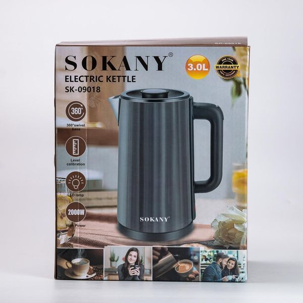 Чайник электрический на 3 литра Sokany SK-09018 дисковый из нержавеющей стали 2000 Вт Серый SK-09018G фото