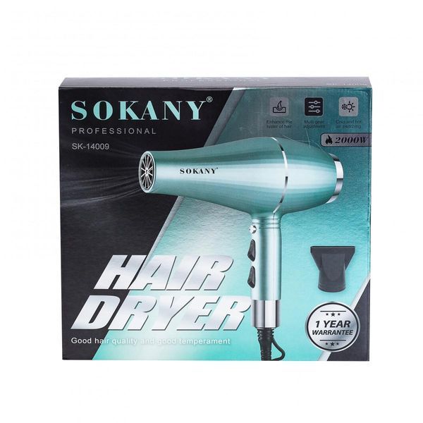 Фен для волосся Sokany SK-14009 з двома концентраторами зелений LU-SK14009 фото