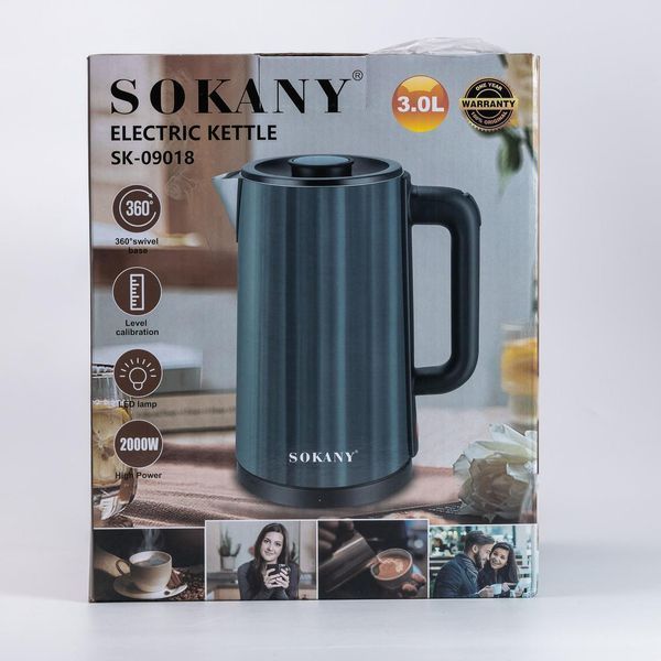 Чайник электрический на 3 литра Sokany SK-09018 дисковый из нержавеющей стали 2000 Вт Зеленый SK-09018GR фото