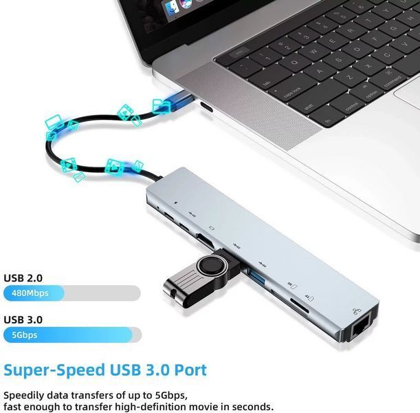 Универсальный USB концентратор для MacBook на 8-Port USB TypeC 3.0 Mini Hub SD, TF, RJ 45 L900849 фото