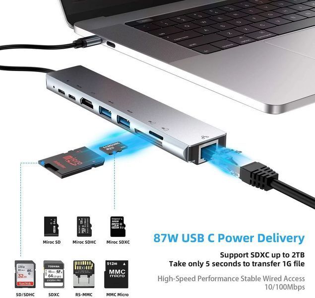 Универсальный USB концентратор для MacBook на 8-Port USB TypeC 3.0 Mini Hub SD, TF, RJ 45 L900849 фото