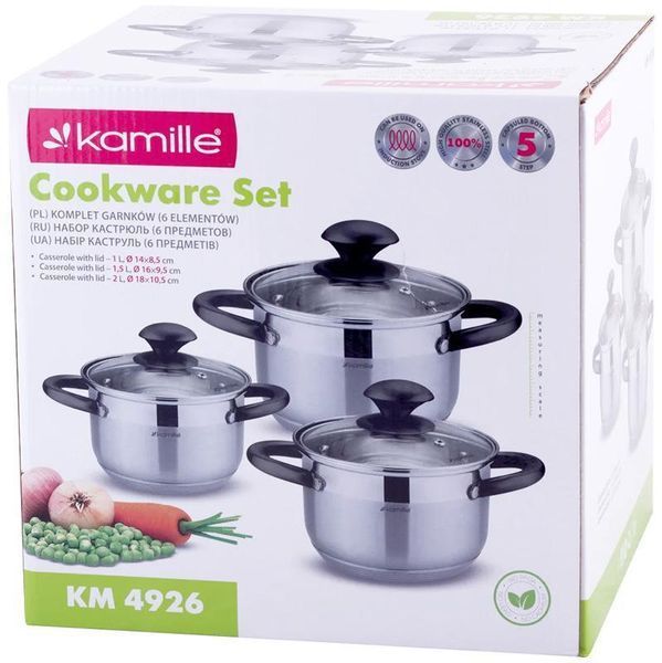 Набір 3 каструлі Kamille Groningen 1 л, 1.5 л, 2 л з нержавіючої сталі з 5-шаровим індукційним дном KM-4926 фото
