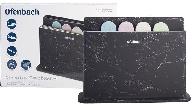 Набір 4 обробні дошки Ofenbach Black Marble 28х18х0.5см на горизонтальній підставці для ножів NB-100200 фото