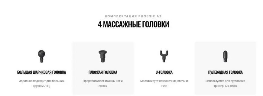 Массажер ударный триггерных точек Phoenix A2 (4 насадки) кнопочный Серый L9003741 фото