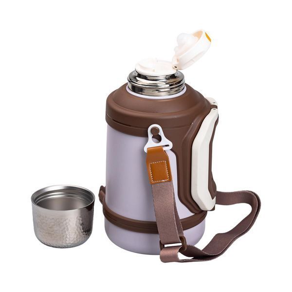 Термос туристичний Vacuum Cup 1.5 літра з ремінцем і складною ручкою коричневий HP-14-21V фото