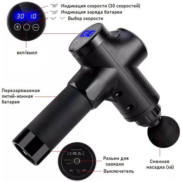 Перкуссионный массажер Rlaxyoo S3 (6 насадок + кейс) 2400 мАч 30 режимов (Черный) L3036302 фото