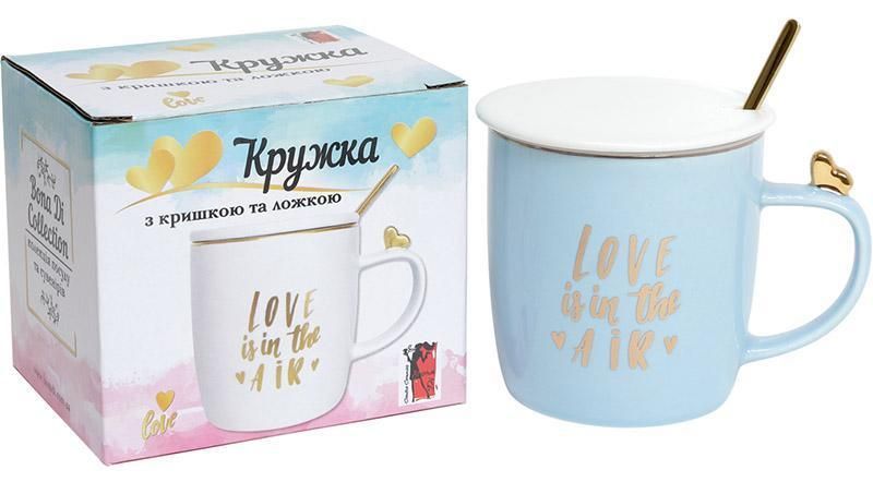 Кружка фарфоровая "Love is in the air" 375мл с крышкой и ложечкой BD-380-420 фото