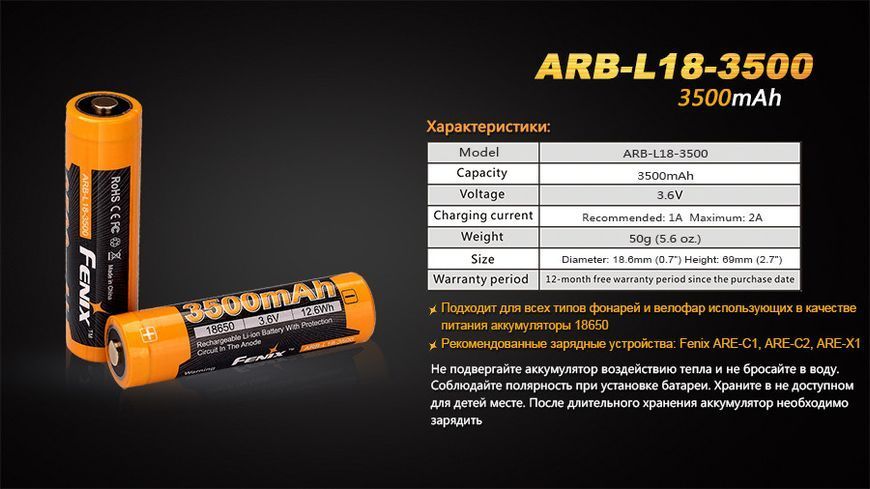 Аккумулятор 18650 Fenix 3500mAh Li-Ion (Черно-желтый) L712733 фото