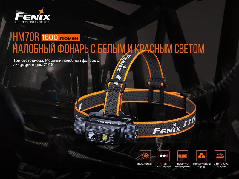 Налобный фонарь Fenix HM70R 1600лм 1x21700 IP68 L703299 фото