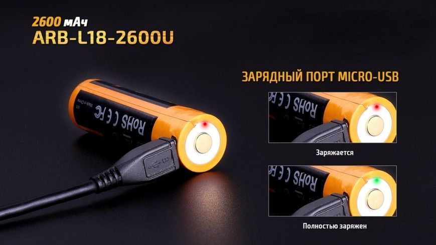 Аккумулятор 18650 Fenix 2600 mAh с micro-usb зарядкой (Черно-желтый) L712727 фото