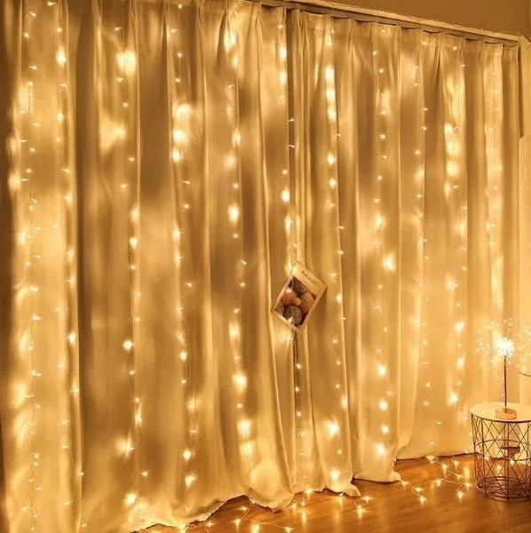 Гірлянда штора завіса Водоспад 3х3 м 280 LED велика лампа 3D (білий шнур, з перехідником) Золоте світло L2006403 фото