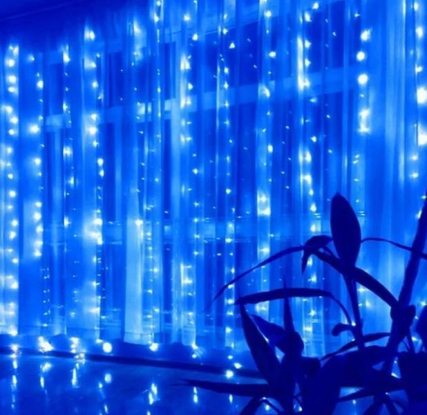 Гірлянда штора завіса Водоспад 3х3 м 280 LED велика лампа 3D (білий шнур, з перехідником) Синя L2006402 фото