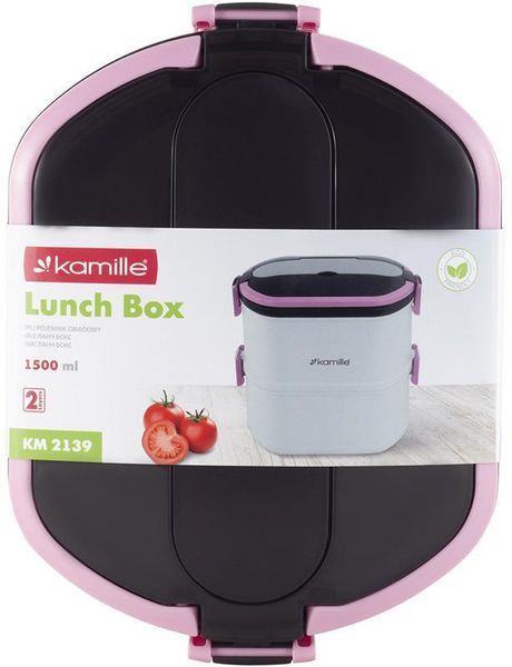 Ланч-бокс Kamille Snack 1500мл дворівневий, пластик і нержавіюча сталь, рожевий KM-2139PN фото