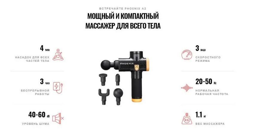 Перкуссионный массажер триггерных точек Phoenix A2 (4 насадки) сенсорный Черный L703232 фото