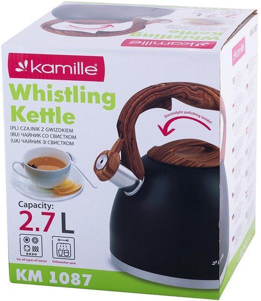 Чайник Kamille Whistling Kettle Black 2.7л з нержавіючої сталі зі свистком KM-1087 фото