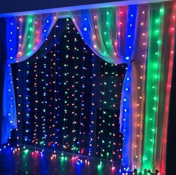 Гірлянда штора завіса Водоспад 3х3 м 280 LED велика лампа 3D (білий шнур, з перехідником) Кольорове світло L2006404 фото