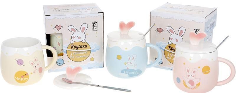 Кружка фарфоровая "Funny Rabbits" 430мл с крышкой и ложкой, 4 дизайна BD-927-225 фото