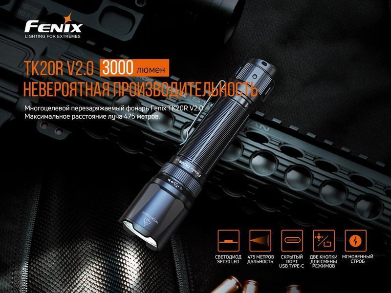 Ручной тактический фонарь Fenix TK20R V2.0 3000лм зарядка через Type-C (Черный) L703376 фото