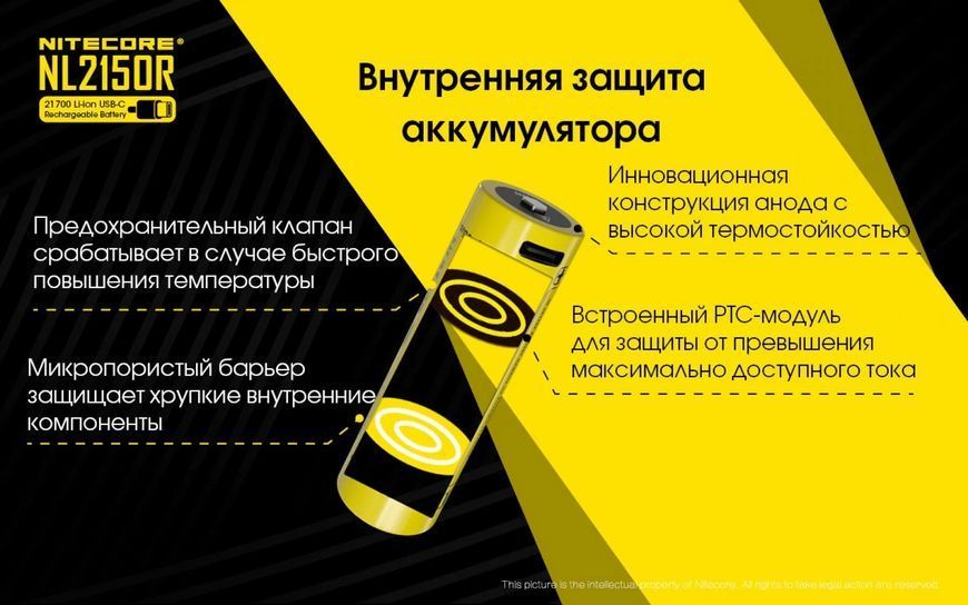 Аккумулятор 21700 Li-Ion Nitecore NL2150R 5000mAh с зарядкой через USB-C (Желтый) L712685 фото