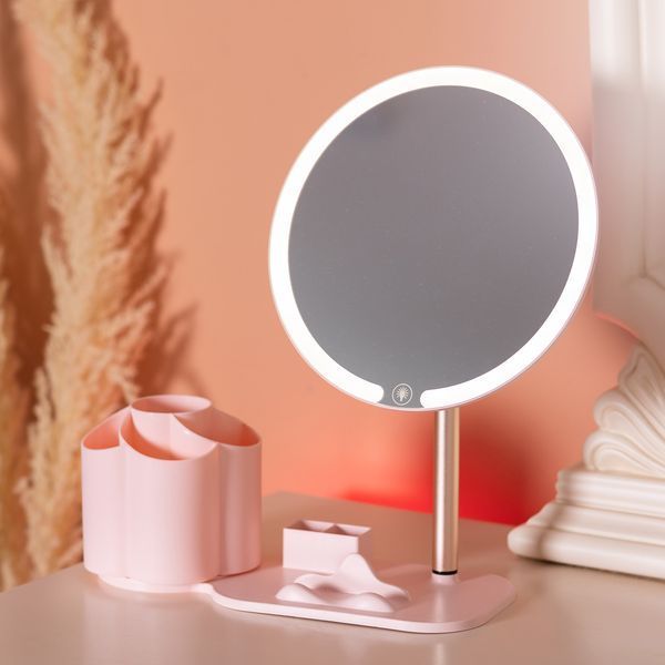 Косметическое зеркало круглое с LED подсветкой и органайзером 21 см, розовый LU-HP-10-9AP фото