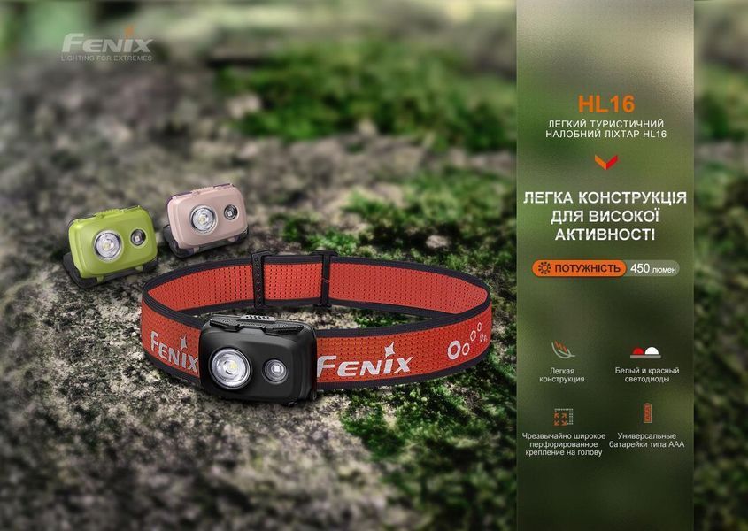 Налобний легкий ліхтарик Fenix HL16 (Чорний з червоним) L7032862 фото