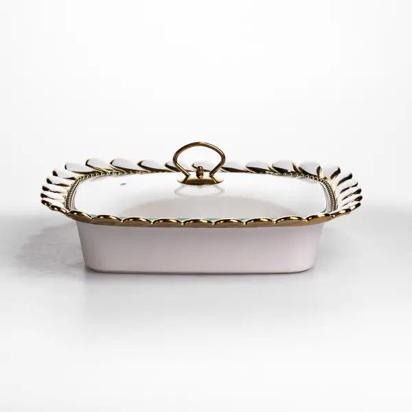 Мармитница фарфоровая Tiffany 1.5 л квадратная на золотистой подставке с подогревом 34х26х7 см LU-SX42-2 фото