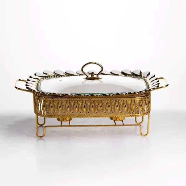 Мармитница фарфоровая Tiffany 1.5 л квадратная на золотистой подставке с подогревом 34х26х7 см LU-SX42-2 фото