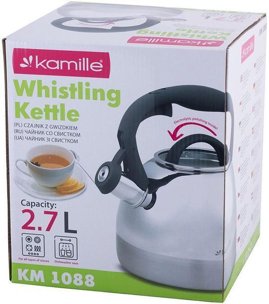Чайник Kamille Whistling Kettle 2.7л з нержавіючої сталі зі свистком і скляною кришкою (сіра ручка) KM-1088 фото