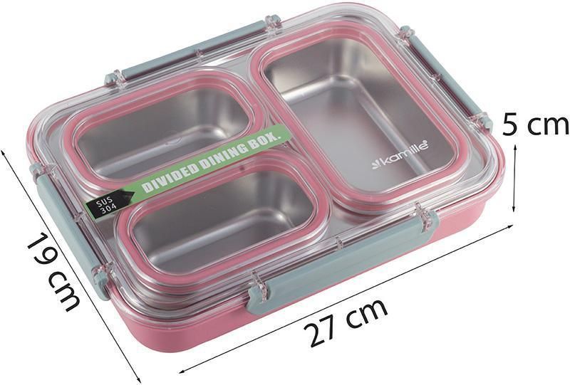 Ланч-бокс Kamille Snack 1200мл на 3 секції, пластик і нержавіюча сталь, рожевий KM-2146PN фото