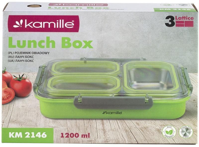Ланч-бокс Kamille Snack 1200мл на 3 секции, пластик и нержавеющая сталь, зеленый KM-2146GR фото